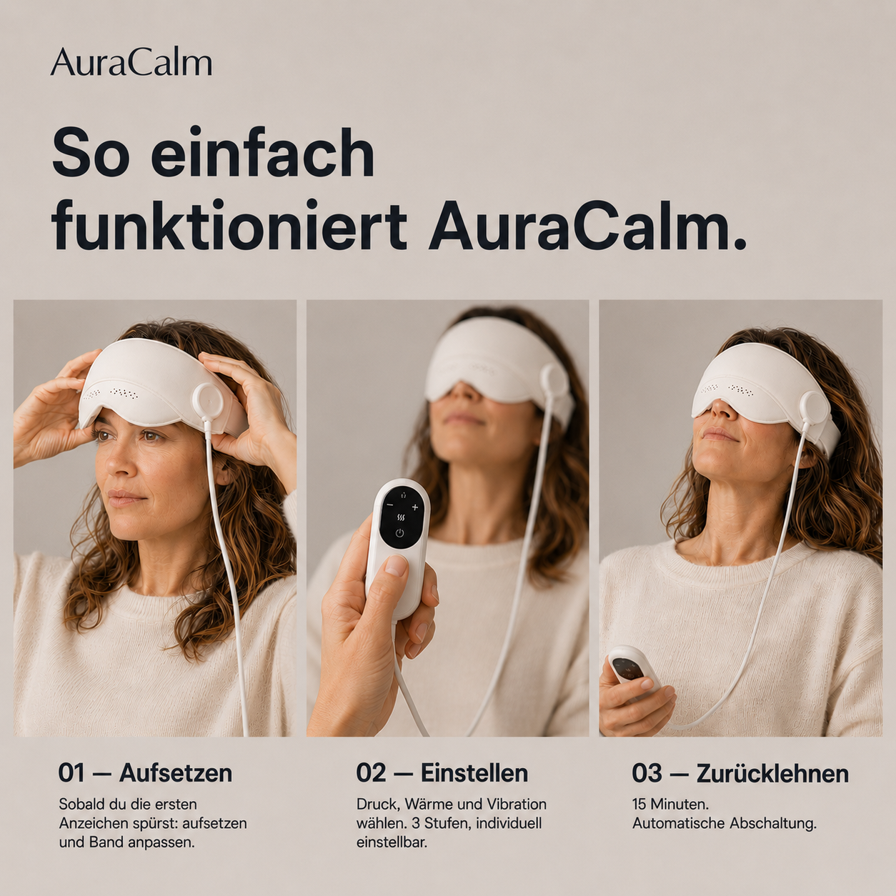 AuraCalm™ – Das 6-Zonen Migräne-Gerät. In 15 Minuten zurück in deinen Tag – ohne weitere Tablette.